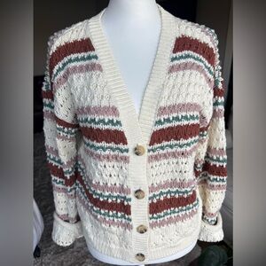 Lucky Brand SMALL Cream, Sage, Pink and Rust Striped Knit Cardigan Sweater